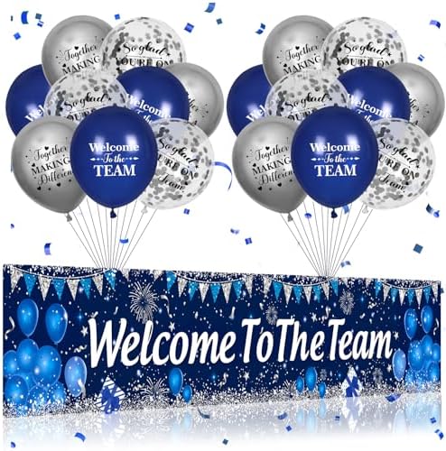 Blue Silver Welcome Team Yard Banner Sign with 18 Pcs Balloons for Office Party Decor by Unknown