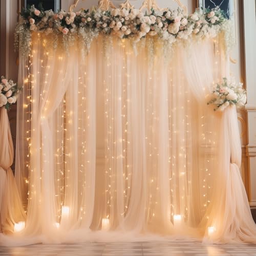 30×10ft Champagne Tulle Backdrop Curtain with Lights String for Parites, Sheer Photo Backdrop Curtains for Wedding Party Photography Background by WishCare