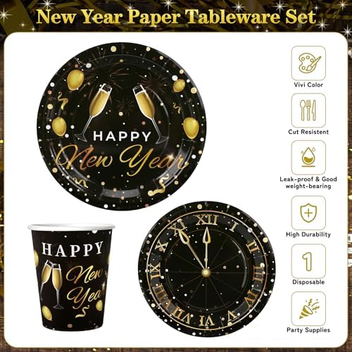 168pcs Happy New Year Party Supplies, Black and Gold Paper Plates Napkins Cups and Gold Cutlery for 24 Guests, 2026 New Year Disposable Tableware Supplies for Party Decorations - Image 3