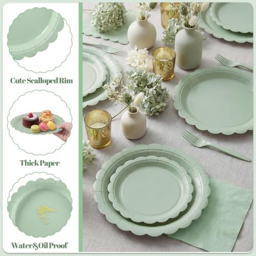 24 Set Sage Green Plates and Napkins, Green Disposable Dinnerware - Image 4