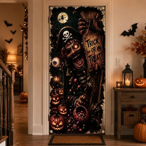 Halloween Pirate Skeleton Door Banner 35.4 x 78.7 Inch Polyester Door Cover, Spooky Skull Entrance Decoration for Front Door Porch Entryway Haunted House Seasonal Home Decor - Image 7