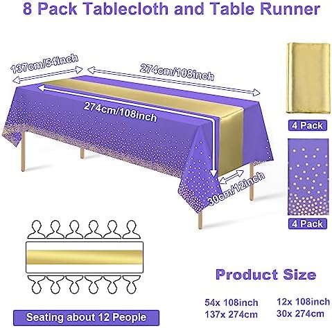 8Pack Disposable Plastic Tablecloths and Satin Table Runner Set Purple and Gold Dot Tablecloth Gold Satin Table Runner for Wedding Birthday Baby Shower Anniversary Christmas New Year Party Supplies - Image 2
