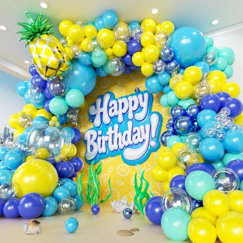 160pcs Cartoon Sponge Balloons Garland Arch Kit, Birthday Decorations Yellow Blue Clear Metallic Blue Teal Balloons and Pineapple Balloon Arch for Cartoon Birthday Baby Shower Party Decor by PTGOLUO
