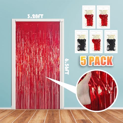 5 Pack 3.28ft x 6.56ft Red&Black Tinsel Foil Fringe Curtains, Photo Booth Backdrop Party Decorations for Birthday Wedding Baby Shower Graduation Bachelorette New Years - Image 2