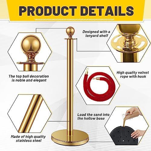 Ferraycle 6 Pcs 2026 Wedding Stanchions and Velvet Ropes Set, Gold - Image 3