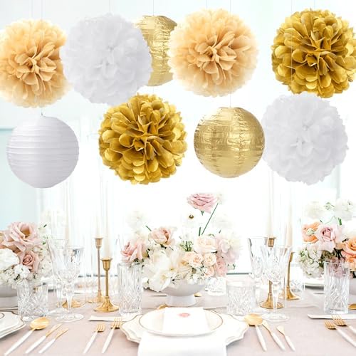 White Gold Party-Decorations Paper Flowers Lanterns - 15PCS Engagement Birthday Graduation Wedding Tissue Pom Poms Streamers,Neutral Bachelorette Baby Bridal Shower Hanging Supplies Decor Hugfond - Image 2