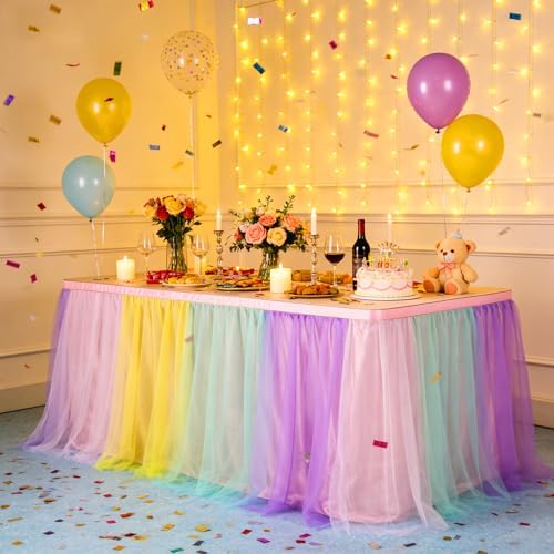 THARAHT Tulle Table Skirt 14FT 420CM Long for Rectangle Tables Round Tables Ruffle Desk Skirt for Princess Girls Birthday Party Cake Dessert Decorations Table Skirt by THARAHT