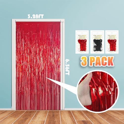 3 Pack 3.28ft x 6.56ft Red&Black Metallic Tinsel Foil Fringe Curtains, Photo Booth Backdrop Party Decorations for Birthday Wedding Baby Shower Graduation Bachelorette New Years - Image 2