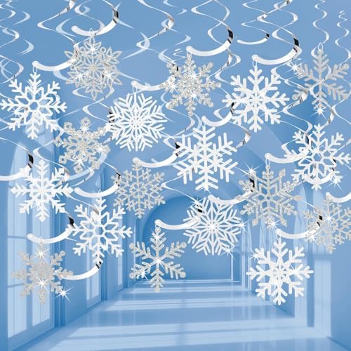 Snowflake Decorations, Christmas Hanging Decor, White Silver, 30-Pc by OuMuaMua
