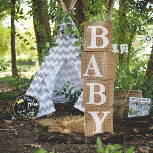 RUBFAC Burlap Print Baby Boxes with Letters for Baby Shower, 4pcs Rustic Farmhouse Style Boho Balloon Boxes with Burlap Grain for Birthday Gender Reveal Decoration Backdrop Photo Props - Image 6