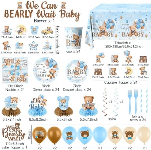Blue Bear Baby Shower Decorations,219Pcs Baby Shower Tableware Set Banner, Plates and Napkins, Tablecloth, Cake Toppers, Honeycomb Balls for Boy Neutral Bear Themed Party Decorations Severs 24 - Image 4