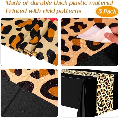 Buryeah 3 Pcs 54 x 108'' Plastic Disposable Leopard Tablecloth, Black - Image 4