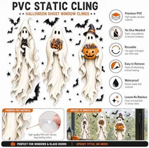 Halloween Window Clings Decorations Ghost Pumpkin Black Cat Window Stickers Static Spooky Glass Window Sticker Decals for Home Office Classroom Party Haunted House Seasonal Decor 3 Sheets - Image 4