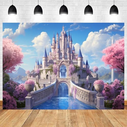 10x8ft Princess Castle Backdrop Pink Floral Blue Sky Photography Background White Cloud Forest Mountain Girls Birthday Baby Shower Banner Decorations Wedding Party Portrait Photo Booth Prop - Image 2