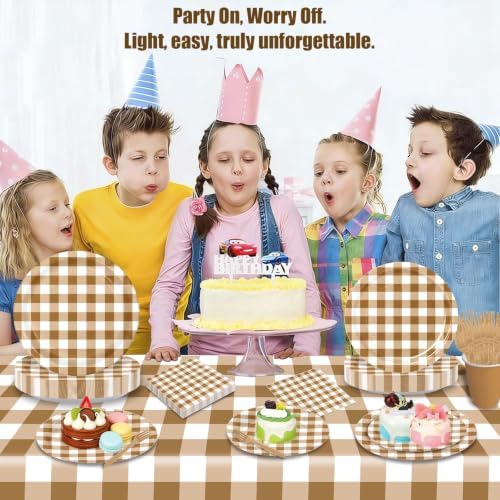 146PCS Brown Gingham Party Supplies Paper Plates and Napkins Serve 36 - Image 4