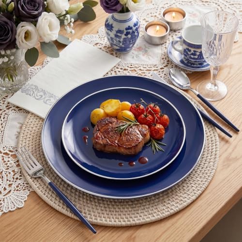 KIRE 175Pcs Blue Plastic Plates with Silver Rim & Disposable Silverware with Blue Handle & Silver-rim Cups & Hand Napkin & Plastic Dinnerware for Parties/Wedding/Hanukkah/Christmas - Image 5