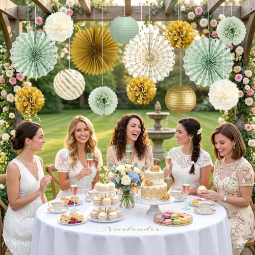ADLKGG 14 Pcs Sage Green Gold Party Decorations, Paper Lanterns Fans Decor - Image 3