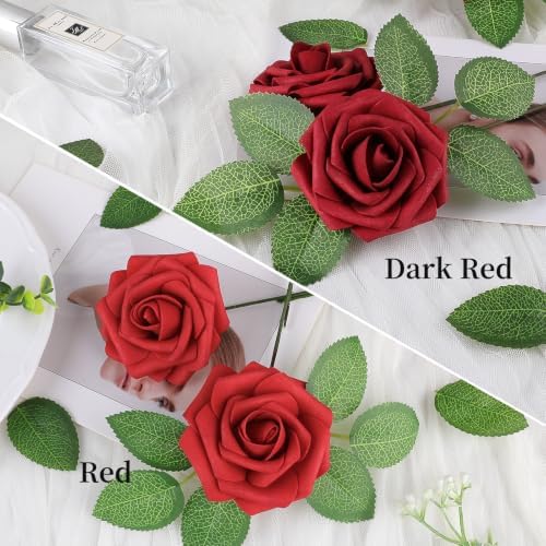 AmyHomie Dark Red Rose 100pcs Real Looking Artificial Flowers w/Stem - Image 3