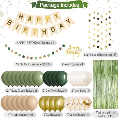 Sage Green Birthday Decorations Olive Green Happy Birthday Party Decorations Nude Retro Gold Balloon Banner Paper Pom Poms Greenery Neutral Rustic Décor Supplies Baby Girls Women - Image 2