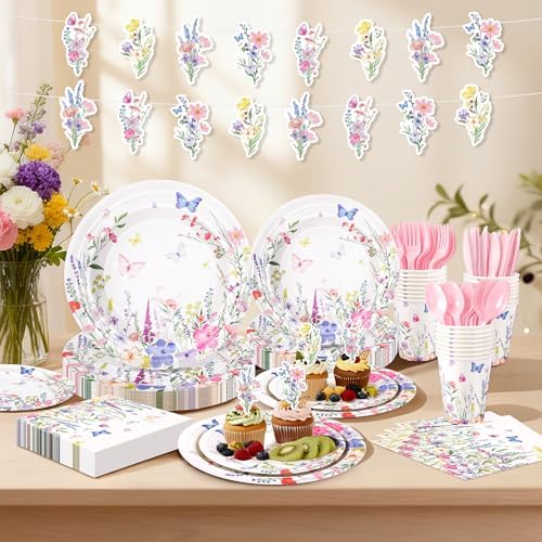 195pcs Wildflower Birthday Party Decoration,Floral Tableware Party Supplies - Image 4