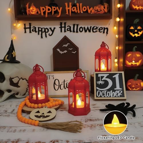 LLQ 8 Pcs Mini Lantern Decor Moroccan Lantern with Flickering LED Candle Table Centerpiece Small Vintage Christmas Hanging Lamp Ornaments Bulk for Wedding Halloween Christmas Party (5 Inch,Red) - Image 3