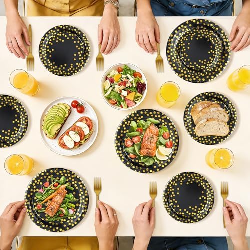 150 Pcs Black and Gold Paper Plates Party Supplies,Serves 50 Guests 7" 9" Black Gold Plates and Gold Plastic Forks,Disposable Paper Tableware Set for Graduation Retirement Decorations - Image 5