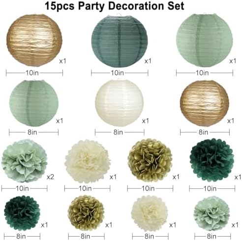 zilue Paper Lanterns and Paper Pom Poms Sage Green Party Decorations 15pcs - Image 2