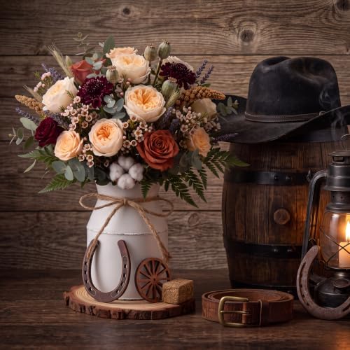 30 Pcs Western Party Decorations Mini Horseshoe Wagon Wheel Hay Bales Crafts Wooden Plate Farmhouse Vase Table Centerpieces Supplies for Western Birthday Wedding Party Favors Decor (White) - Image 4