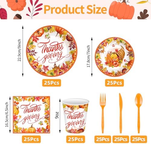 175 Pcs Thanksgiving Tableware Set - Serves 25, Harvest-Themed Disposable Plates, Cups, Napkins, Plastic Forks, Spoons, Knives for Thanksgiving Day Dinner, Fall Party Supplies, Autumn Gatherings - Image 2