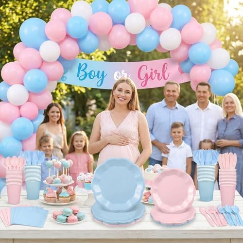 350 Pcs Baby Gender Reveal Party Supplies Include Blue and Pink Tableware - Image 6