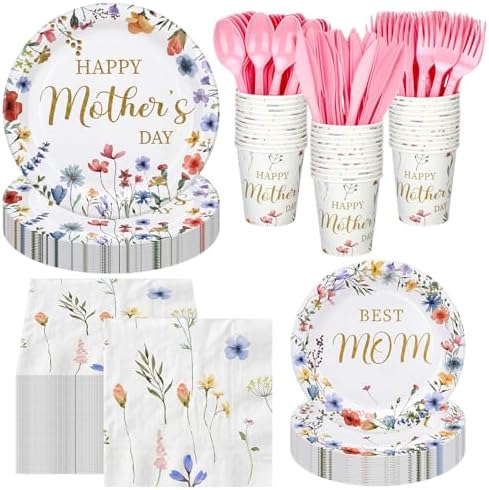 Yungyan 252 Pcs Mother's Day Wildflower Party Tableware Set Happy Mother's Day Floral Paper Plates Napkins Cups Forks Knives Cutlery for Party Decorations Supplies by Yungyan