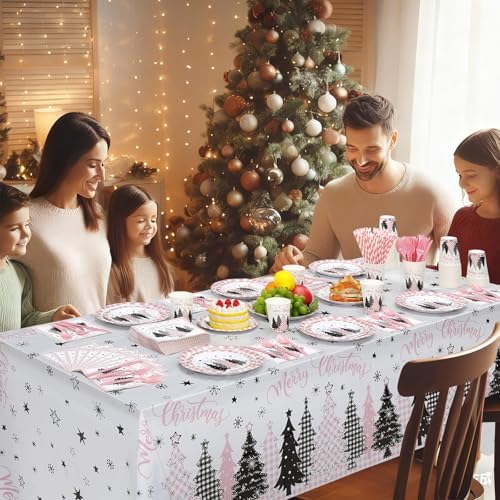 Funnymoom 452 Pcs Pink Christmas Party Decoration for 50, Buffalo Plaid Gingham Pink Xmas Tree Paper Plates Napkins Cups Tablecloth Cutlery Straws for Friendsmas Holiday Baby Shower Party Supplies - Image 5