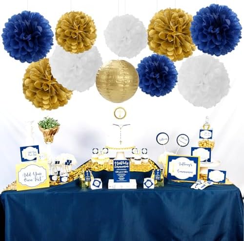 Navy-Blue Gold Party-Decorations Paper-Flowers Lanterns - 15PCS Royal White Baby Bridal Shower Tissue Pom Poms Streamers, Bachelorette Birthday Wedding Graduation Hanging Supplies Decor Hugfond - Image 2