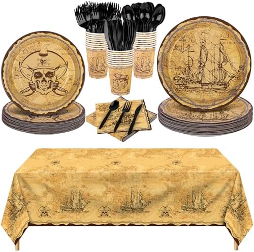 Kochorie 169 Pieces Pirate Tableware Set, Pirate Treasure Map Party Plates and Napkins Supplies with Cups Plastic Cutlery Tablecloth for Adventure Birthday Themed Party Decorations, Serves 24 Guests by Kochorie