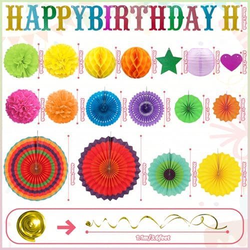 Multicolored Birthday Party-Decorations - 32pcs Colorful Fiesta Mexican Party Decorations for Men Women Boys Girls, Happy Birthday Banner Paper Streamers Lanterns Tissue Pom Poms - ZERODECO - Image 3