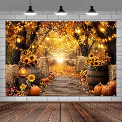 Fall Photo Backdrop, Autumn Forest Scenery Maple Leaves Pumpkins Sunflowers Photography Background, Fall Farm Harvest Thanksgiving Day Friendsgiving Party Decorations Photo Booth 15X10FT - Image 4