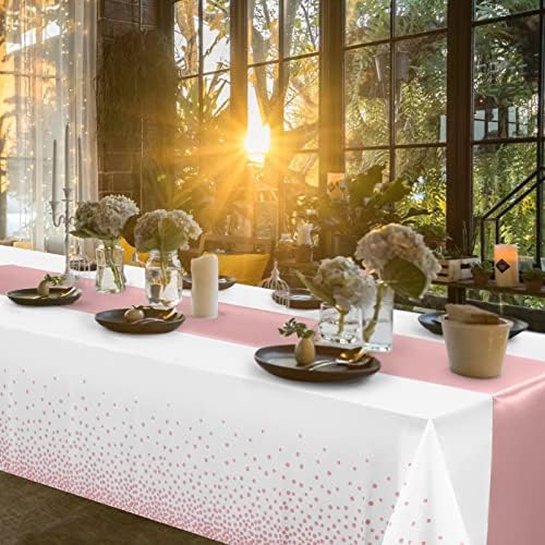 MASHAN 24 Pack White and Rose Gold Tablecloth Set - Rectangular PEVA Tablecloths and Satin Table Runners for Wedding, Baby Shower, Anniversary, Christmas, New Year Party - Image 7
