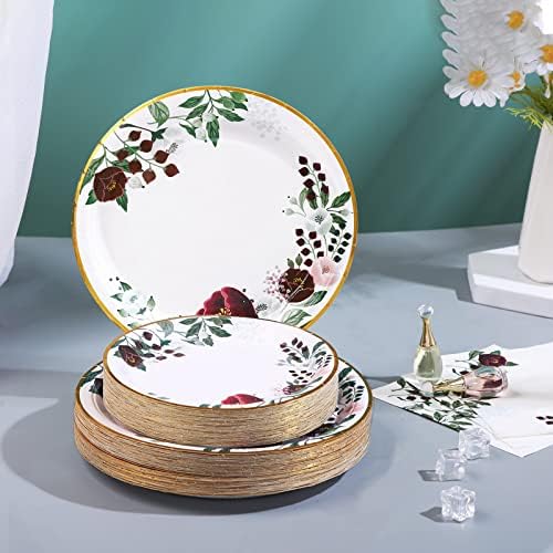200Pcs Floral Paper Plates and Napkins Party Supplies - Bridal Shower Decorations Serves 50, Burgundy for Wedding, Birthday, Valentine's Day, Easter, Spring Party - Image 3