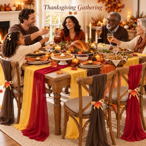 Cinrobiye Fall Table Decorations Set with 8 Pcs Colorful Chiffon Table Runners Artificial Maple Leaves Decorative Ribbon for Thanksgiving Autumn Harvest Wedding Party Home Seasonal Decor - Image 5