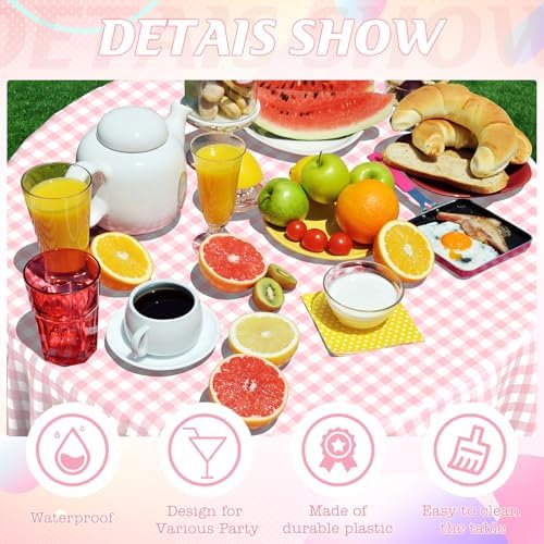12 Pack Pink Gingham Tablecloth Round, Premium Decorative Disposable Pink and White Checkered Plaid Table Cloths for Parties, Round Party Table Cover for Picnic Farm Birthday Wedding Festivals, 84Inch - Image 3