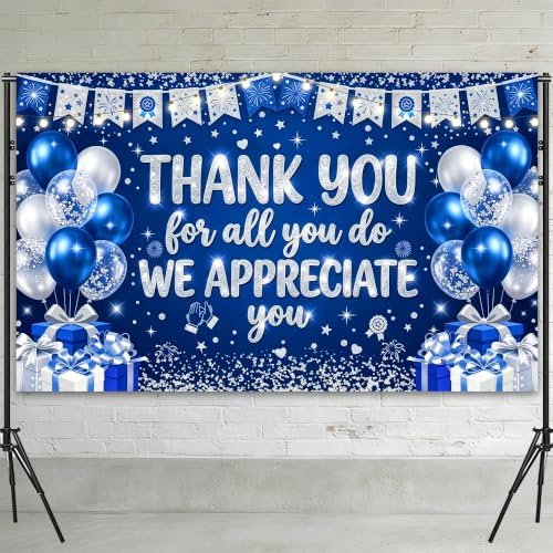 Appreciate You Banner Decorations, Blue Silver Thank You for All You Do Backdrop Banner, Reusable Anti-Tear Fabric Background with 6-Meter Hanging Rope, Office Employee Staff Teacher Appreciation Party Supplies 71x43Inch - Image 5