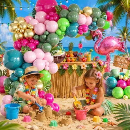 146Pcs Tropical Flamingo Balloon Arch Garland Kit, Hot Pink Dark Green Light Pink Lake Blue Gold with Flamingo Foil Balloons for Hawaiian Luau Aloha Summer Beach Birthday Party Decorations - Image 4