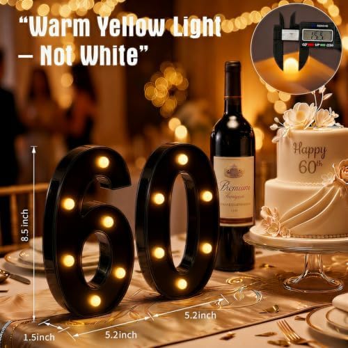 60th Birthday Decorations for Men Women, LED Light Up Numbers 60 Sign Battery-Operated Light-Up Party Decoration 60th Birthday Gifts for Women Black ZJDZTK - Image 3