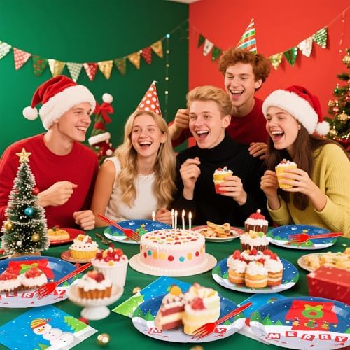 GaofanWai 96PCS Christmas Cartoon Red Dog House Tableware, Merry Christmas Paper Plate Set for Kid, Winter Snowy Pine Tree Disposable Dinnerware Paper Napkin Fork for Baby Shower Party Decor,24 Guests - Image 3