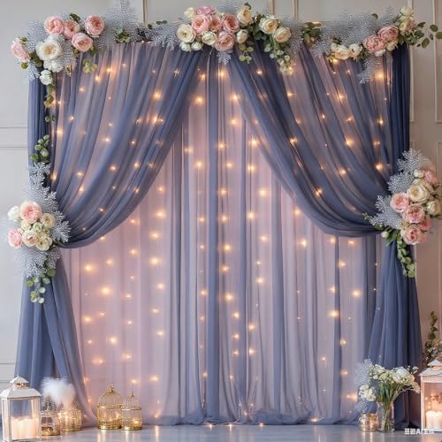 10x10ft Navy Blue Tulle Backdrop Curtain with Lights String for Parites, Sheer Photo Backdrop Curtains with Lights for Wedding Backdrop Ceremony Reception Bridal Shower Baby Shower Birthday Party - Image 3