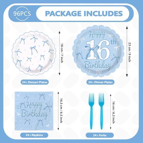 96Pcs Blue White Bow 16th Birthday Decorations for Girls Serves 24 - Image 5