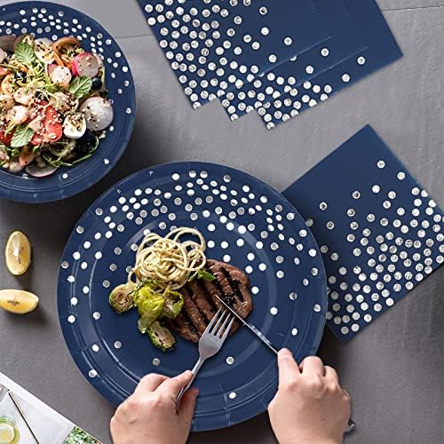168Pcs Navy Blue Plates and Napkins Party Supplies, Navy Blue Paper Plates Serve 24, blue and Silver Party Decorations, for Fathers Day, Graduation, 4th of July, Hanukkah Party - Image 5