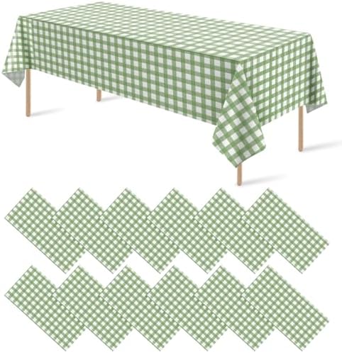 12Pack Sage Green Plastic Checkered Tablecloth, Premium Decorative Disposable Sage Green Gingham Plaid Table Cloths for Parties, Rectangle Party Table Cover for Picnic Birthday Wedding, 54x108 Inch by RAGNHILD
