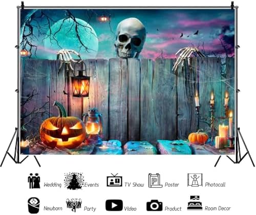 Renaiss 7x5ft Halloween Backdrop Skeleton Pumpkin Lantern Wooden Spooky Night Party Photography Background Ghost Wood Wall Halloween Party Decor Banner Horror Skull Halloween Photo Booth Props - Image 4