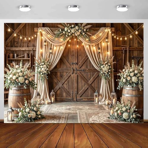 5X3Ft Barn Wedding Photography Backdrop Rustic Cabin Wooden Barn Door Photography Backdrop Country Farmhouse Floral Birthday Baby Shower Wedding Bridal Party Banner Photo Booth Props Background by Viajar